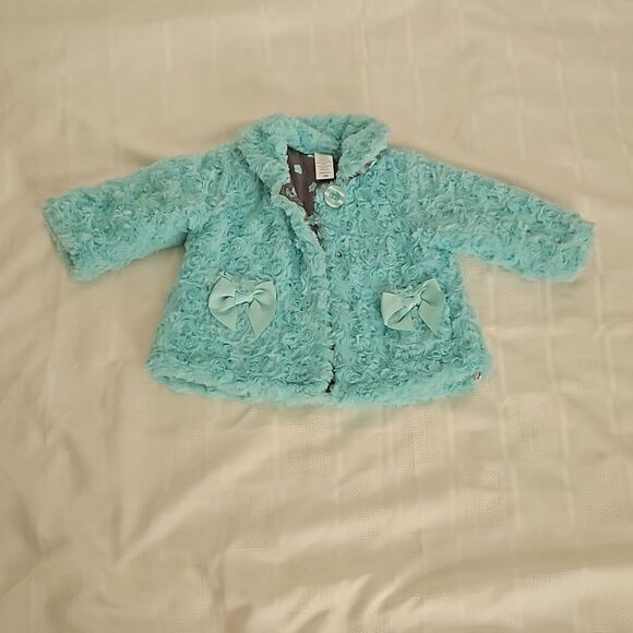 HP Little Me Toddler Girl Faux Fur Spring Jacket 12 Months Light Aqua - Picture 9 of 16